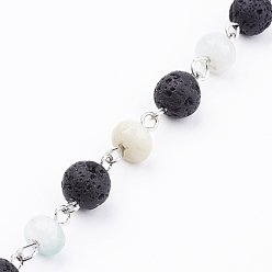 Амазонит Ручная работа круглые натуральные амазонитовые бисерные цепи для изготовления ожерелий, несварные, с бусинами из вулканического камня и булавкой из платинового железа, 39.37 дюйм (1 м)