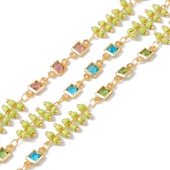 Colorful Handmade Eco-friendly Brass Square Link Chains, with Glass & Seed Beaded, Real 18K Gold Plated, Lead Free & Cadmium Free, Soldered, with Spool, Colorful, 10x4.5x2mm, 21x7x2.5mm