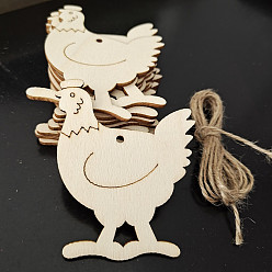 Chick Easter Unfinished Wood Pendant Ornaments, with Hemp Rope, for Blank Crafts DIY Easter Party Hanging Decoration Supplies, PapayaWhip, Chick, 80x65mm, 10pcs/bag