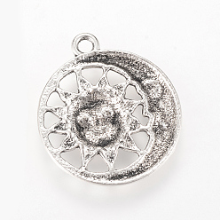 Antique Silver Tibetan Style Alloy Pendants, Flat Round with Sun & Moon, Cadmium Free & Lead Free, Antique Silver, 30x26.5x3mm, Hole: 2.5mm, about 240pcs/1000g