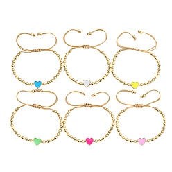 (52) Непрозрачная лаванда 6шт. латунные бусины из смолы, плетеные браслеты из бусин, регулируемые плетеные браслеты из нейлонового шнура для женщин, сердце и круглый, разноцветные, 11.02 дюйм (28 см)