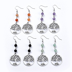 Mixed Stone Tibetan Style Alloy Dangle Earrings, with Natural Gemstone Beads and Iron Earring Hooks, Flat Round with Tree of Life, 71.5mm, Pin: 0.6mm