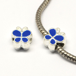 Королевский синий Сплав эмаль бабочка большая дыра европейские шарики, серебряный цвет гальваническим, королевский синий, 10x10x7 мм, отверстие : 4.5 мм