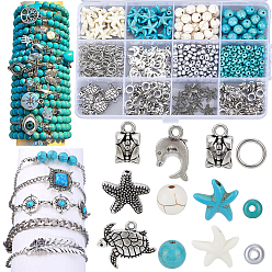 Gemischte Farbe DIY Schmuck Befunde Kits, inklusive synthetischer Türkisperlen, Runde Rocailles, Messing Biegering, Legierungs-Zubehör, Gemischte Farbe, 8x7~7.5 mm, Bohrung: 1 mm, 2 Farben, 30 Stk. je Farbe, 60 Stück