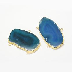Стально-синий Ссылки на компоненты люстры из натурального агата, 3 Разъемы петли, с латунной фурнитурой золотого цвета, окрашенные, самородки, стальной синий, 51~85x36~55x4.5~6 мм, отверстие : 3 мм