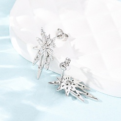 Платина Серьги-гвоздики из латуни с микро-паве и прозрачным кубическим цирконием, без кадмия и без свинца, стойки покрытие, долговечный, платина, 18x9.5 мм