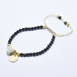 Tourmaline Natural Black Tourmaline Braided Bead Bracelets, with Electroplated Natural Lava Rock Beads, Druzy Crystal, Nylon Cord and Brass Findings, Flat Round & Butterfly, 2-1/8 inch(5.3cm)~3-1/8 inch(8cm)