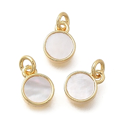 Настоящее золото 18K Плоские круглые подвески из латуни и натуральных ракушек, с прыжковых колец, без кадмия и без свинца, стойки покрытие, долговечный, цвет морской раковины, реальный 18 k позолоченный, 6x2 мм, отверстие : 3.2 мм