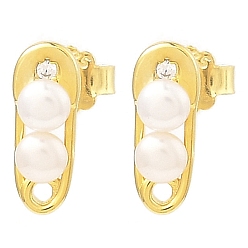 Real 18K Gold Plated Rack Plating 925 Sterling Silver Safety Pin Shape Stud Earrings, with Natural Pearl Beaded, Real 18K Gold Plated, 12x5mm
