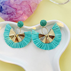 Темно-бирюзовый Серьги-гвоздики из сплава рафии в стиле бохо, золотые, темные бирюзовый, 70x65 мм