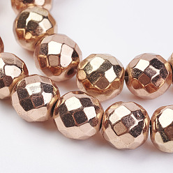 Светло-Золотое Покрытие Немагнитные нити шарик синтетический гематит, граненые, круглые, свет позолоченные, 10 мм, отверстие : 1.5 мм, около 43 шт / нитка, 15.7 дюйм