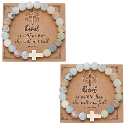 Flower Amazonite 4шт. браслеты из натуральных круглых бусин амазонита для мужчин и женщин, с бумажной карточкой, внутренний диаметр: 2-1/8 дюйм (5.5 см)