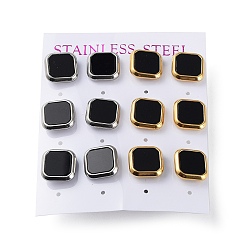 Noir 6 paire 2 boucles d'oreilles carrées en acrylique de couleur, couleur doré & acier inoxydable 304 boucles d'oreilles acier inoxydable, noir, 12x12mm, 3 paire/couleur