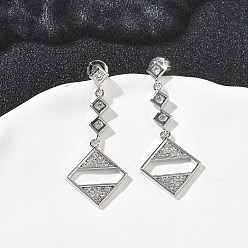 Платина Серьги-гвоздики с ромбами из латуни с микропаве из прозрачных кубических цирконий, долговечный, без кадмия и без свинца, платина, 33x14 мм