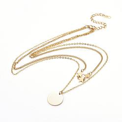 Golden 304 Stainless Steel Double Layer Necklaces, with Lobster Claw Clasps, Flat Round with Star, Golden, 16.2 inch(41.3cm), 1~2mm
