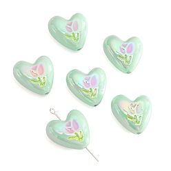 Светло-зеленый 2шт. УФ-покрытия акриловые бусины, сердце с тюльпаном, с эмалью, светло-зеленый, 20x19 мм, отверстие : 2 мм