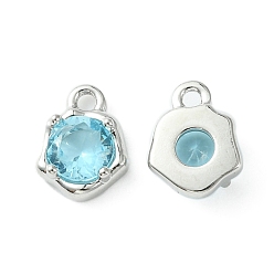 Светло-голубой Латунные микро проложить кубического циркония прелести, шарм неправильной формы, Реальная платина, светло-голубой, 9x7x3 мм, отверстие : 1.4 мм
