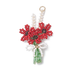 Красный 3букет из стеклянных бисера с подвесками-бантиками, с открытыми пружинными кольцами из нержавеющей стали 304, золотые, красные, 54.5x33.5x8 мм, отверстие : 5 мм