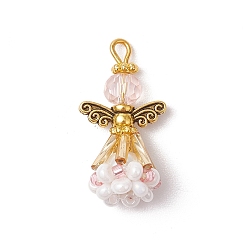 Pink Граненые подвески стекла, ангельское очарование, с крылом из античного золотого сплава и золотой железной петлей, стеклянными бусинами и стеклянными перламутровыми бусинами, розовые, 26x14x11 мм, отверстие : 2 мм