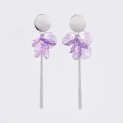 Purple Transparent Acrylic Dangle Earring, with 304 Stainless Steel Stud Earring Findings and Cable Chains, Petal, Purple, 109mm, Pin: 0.8mm