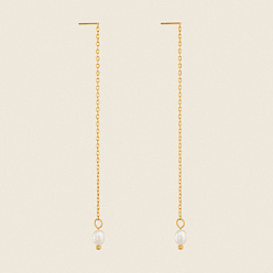Golden 304 Stainless Steel with Natural Freshwater Pearl Ear Thread for Women, Golden, 77x4mm