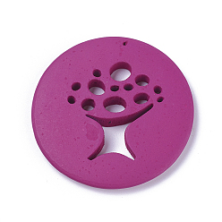 Hot Pink Wood Big Pendants, Flat Round with Tree, Dyed, Hot Pink, 49.5~50.5x4.5~5mm, Hole: 1.5mm