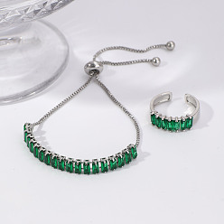 Зеленый Шикарные прямоугольные браслеты-слайдеры из латуни со стразами и комплекты колец-манжет для повседневной носки, зелёные