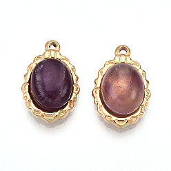 Аметист Подвески из натурального аметиста , овальные амулеты, с 304 установками из нержавеющей стали, реальный 14 k позолоченный, 17x11.2x6 мм, отверстие : 1.2 мм