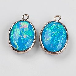 Deep Sky Blue Resin Pendants, with Brass Findings, Oval, Light Gold, Deep Sky Blue, 23.5~24x15x7~7.5mm, Hole: 1~2mm