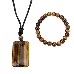 Tiger Eye Natural Tiger Eye Round Beads Bracelets & Rectangle Pendant Necklaces Sets for Women, Cotton Cord Necklaces, 390mm, Bracelets: 180~185mm.