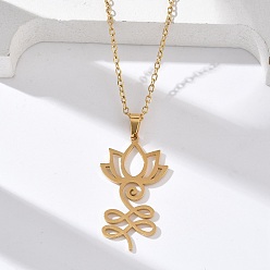 Настоящее золото 18K 304 ожерелья из нержавеющей стали с полым вырезом и подвеской в виде цветка лотоса в форме йоги, реальный 18 k позолоченный, 17.56 дюйм (44.6 см), Кулон : 32x17.5 мм