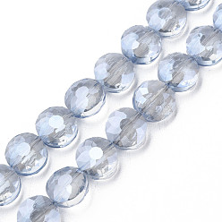 Cornflower Blue Electroplate Transparent Glass Beads Strands, Faceted, Flat Round, Cornflower Blue, 10x6mm, Hole: 0.9mm, about 70pcs/strand, 27.95 inch(71cm)