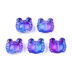 Blau Transparente sprühlackierte Glasperlen, Ton zwei, Krabbe, Blau, 13x14x6.5 mm, Bohrung: 1 mm