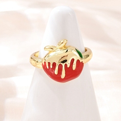 Красный Кольца-манжеты из латуни с эмалью в виде фруктов и яблок, реальный 18 k позолоченный, стойки покрытие, долговечный, без кадмия и без свинца, красные, внутренний диаметр: регулируемый, яблоко: 13.5x13.5 мм
