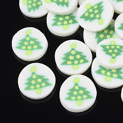 Green Christmas Theme Handmade Polymer Clay Cabochons, Flat Round with Christmas Tree, Green, 9~11x2mm, about 4165pcs/1000g