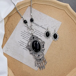 Oval Винтажный этнический богемный стиль ожерелье из сплава и смолы и висячие серьги комплект, античное серебро, овальные, 500 мм