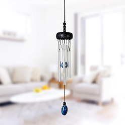 Blue Wood & Ceramic Beads Wind Chime, Aluminium Tube Hanging Ornaments, for Window Home Garden Balcony Decoration, Blue, 270x40mm
