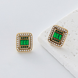 Rectangle 304 Pendientes de acero inoxidable con diamantes de imitación para mujer., con vidrio, dorado, Rectángulo, 14x12 mm