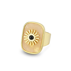 Розовый Кварц Прямоугольник с солнцем натуральный розовый кварц кольца для пальцев, латунные открытые манжеты кольца для унисекс, 22 мм, внутренний диаметр: регулируемый