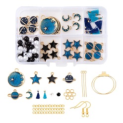 Mixed Color DIY Starry Sky Theme Dangle Earring Making Kits, 30Pcs Moon & Star & Planet Alloy/Brass Enamel Pendants, Tassel Pendant and Round Plastic Beads, 304 Stainless Steel & Iron Findings, Mixed Color, Alloy Enamel Pendants: 5 style, 4pcs/style