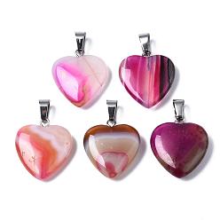 Mixed Color Natural Banded Agate/Striped Agate Pendants, Dyed, with Stainless Steel Snap On Bails, Heart, Stainless Steel Color, Mixed Color, 22~24x20~21x5~7mm, Hole: 3~4x7~8.5mm