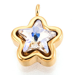 Прозрачный 304 прелести нержавеющей стали, звезда, со стеклом, реальный 14 k позолоченный, граненые, ионное покрытие (ip), прозрачные, 10.5x8x4 мм, отверстие : 1.2 мм