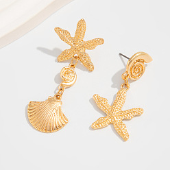 Золотой Серьги-гвоздики из сплава в форме морской звезды с ракушкой, золотые, 55x20 мм и 45x23 мм