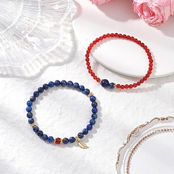 Смешанные камни Эластичные браслеты из натурального лазурита и сердолика, внутренний диаметр: 2-1/8~2-3/8 дюйм (5.5~5.9 см), 2 шт / комплект