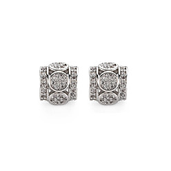 Platinum Brass Micro Pave Clear Cubic Zirconia European Beads, Barrel, Platinum, 8x8mm, Hole: 4mm