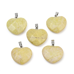 Камнь желтой горчицы Подвески из натуральной желтой горчицы яшмы, ограненные сердце прелести, с железными поручнями, платина, 21.5~22.5x23~23.5x9~10 мм, отверстие : 2.5x7~7.5 мм
