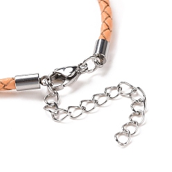 Sandy Brown Braided Leather Cord Bracelet Making, with 304 Stainless Steel Lobster Claw Clasps and Extension Chain, Stainless Steel Color, Sandy Brown, 8-1/2 inch(21.5cm), 3mm