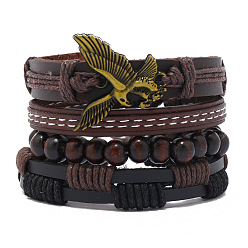 Черный 4 шт. 4 стили браслеты из деревянных бусин и шнуры из искусственной кожи для мужчин, орел, чёрные, 2-1/8~2-3/4 дюйм (5.5~7 см)
