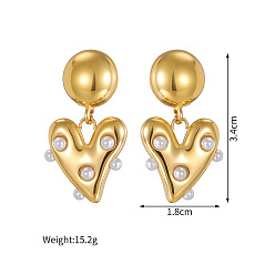 Золотой День святого Валентина 304 серьги-гвоздики из нержавеющей стали с подвесками, с пластиковой жемчужины, сердце, золотые, 34x18 мм