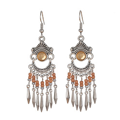 Сэнди Коричневый Плоские круглые серьги-люстры в стиле бохо из сплава, стразов и стеклянных бусин, античное серебро, песчаный коричневый, 90 мм